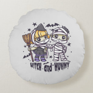 Cute Witch Girl & Mischievous Mummy Boy Round Pillow