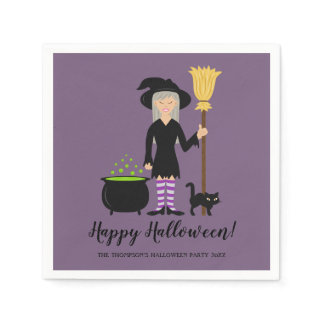 Cute Witch Girl With A Cat &amp; Happy Halloween Text Napkins