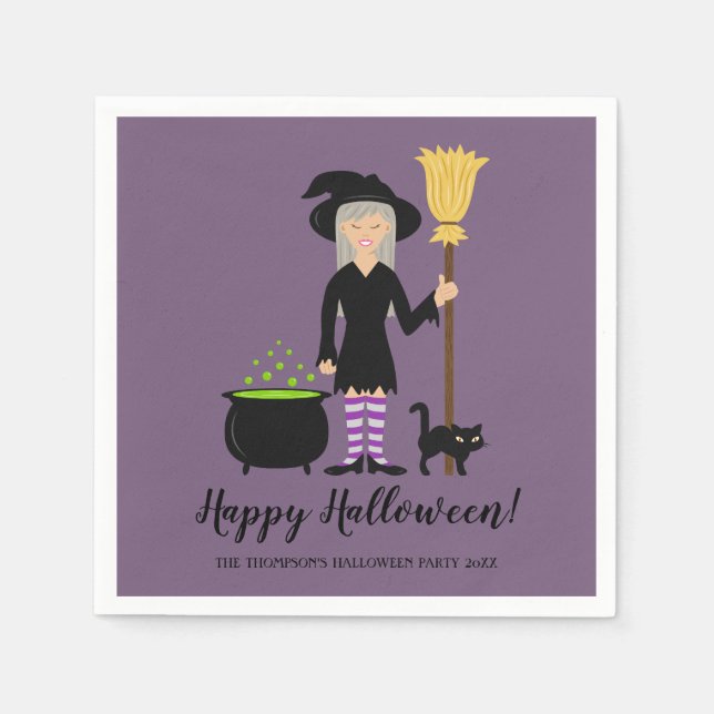Cute Witch Girl With A Cat & Happy Halloween Text Napkins (Front)