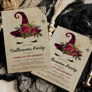 Cute Witch Girls Halloween Kids Burgundy Birthday Invitation