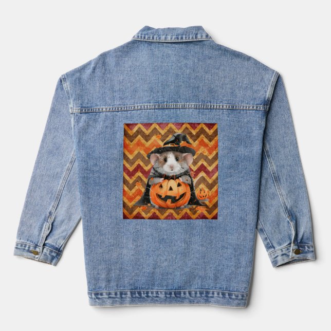 Cute Witch Guinea Pig Halloween Chevron Denim Jacket (Back)