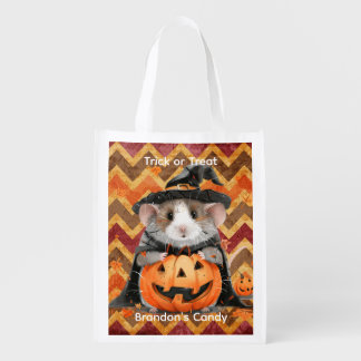 Cute Witch Guinea Pig Halloween Chevron Grocery Bag