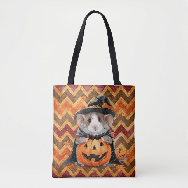 Cute Witch Guinea Pig Halloween Chevron Tote Bag (Front)