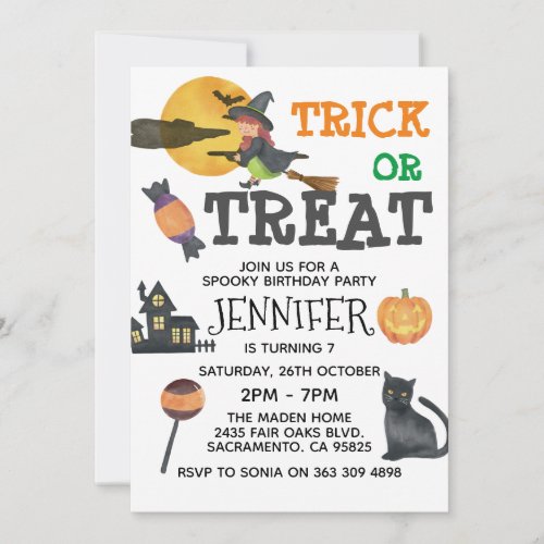 Cute Witch Halloween Birthday Invitation