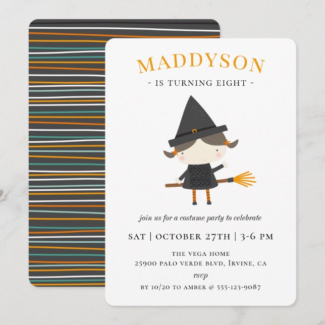 Cute Witch Halloween Birthday Party Invitation (Front/Back)