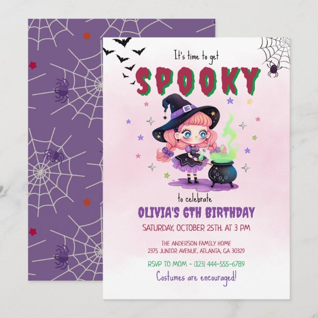Cute Witch Halloween Girl Birthday Party Invitation (Front/Back)