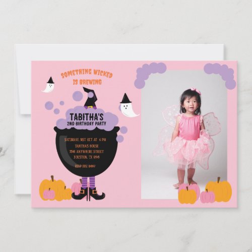 Cute Witch Halloween Kids Birthday Party Photo Invitation