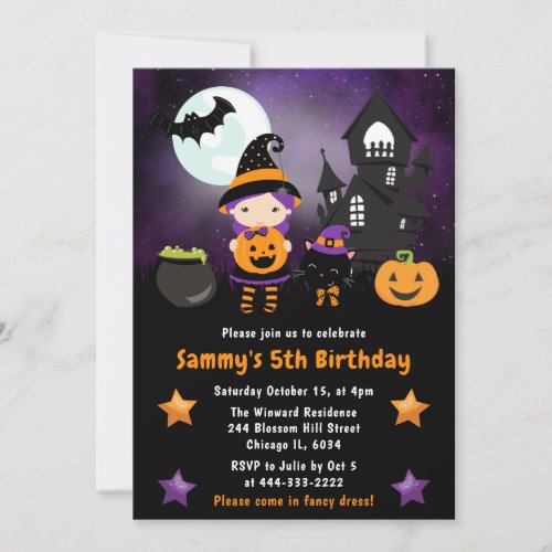 Cute Witch Halloween Scene Birthday Party Invitation