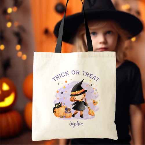 Cute Witch Halloween Trick or Treat Name Tote Bag