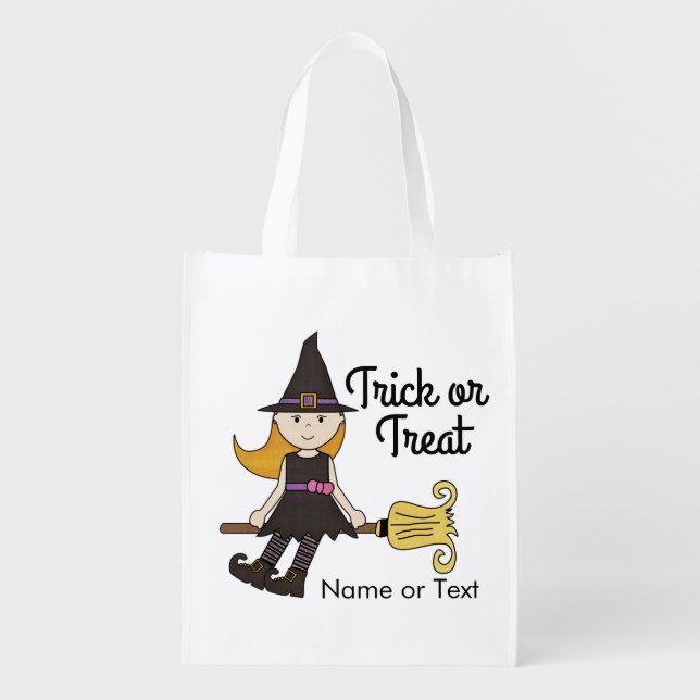 Cute Witch Halloween Trick or Treat Personalized Grocery Bag (Front)