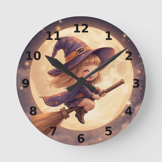 Cute Witch Halloween Wall Clock – Spooky Decor (Front)