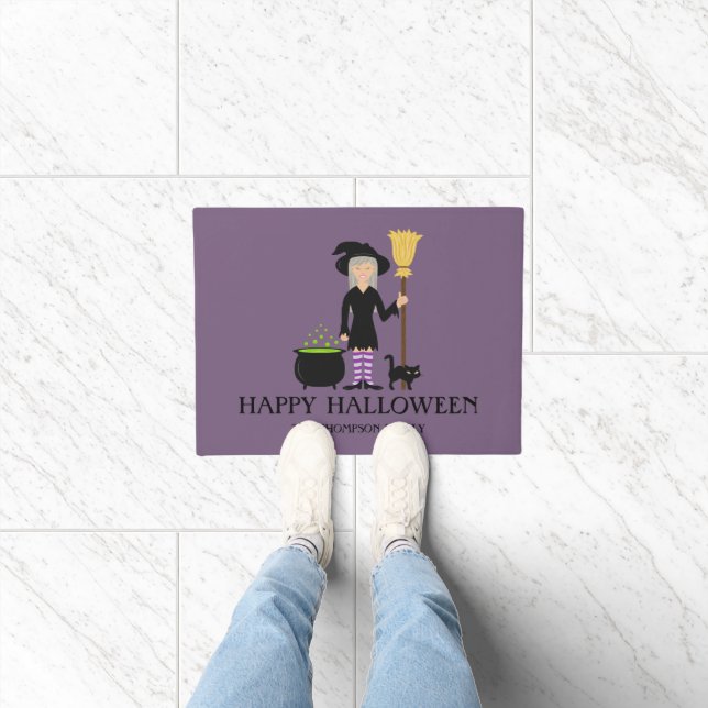 Cute Witch Happy Halloween & Custom Family Name Doormat (Indoor)