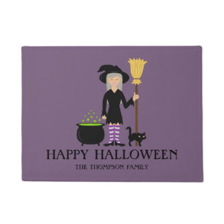 Cute Witch Happy Halloween &amp; Custom Family Name Doormat