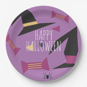 Cute Witch Hat Halloween Party Pattern Purple Paper Plates