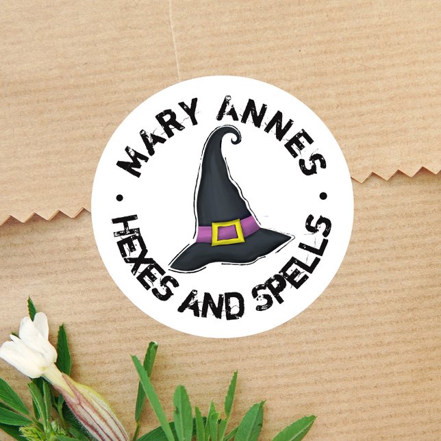 Cute Witch Hat Halloween Personalized Classic Round Sticker (Halloween witch custom sticker. )