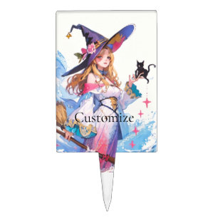 Cute Witch Holding Black Cat Thunder_Cove  Cake Topper