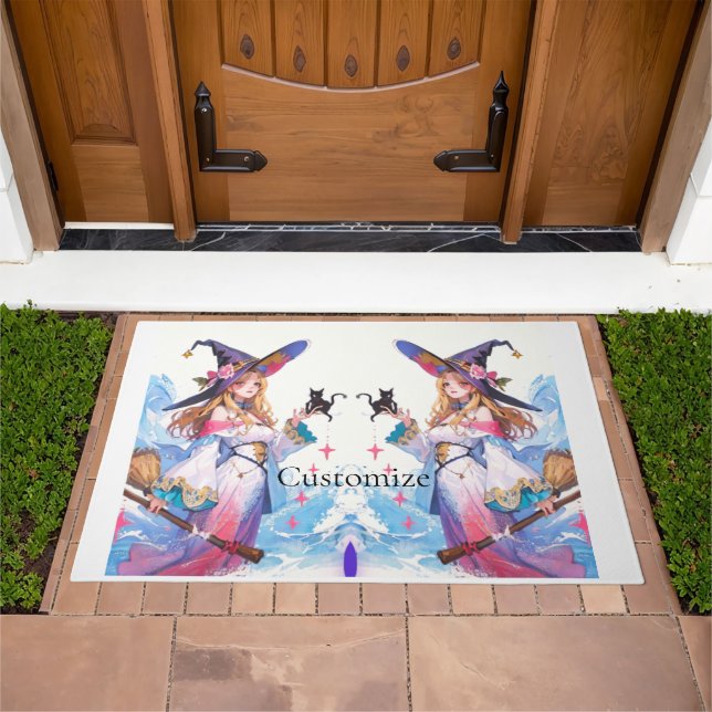 Cute Witch Holding Black Cat Thunder_Cove  Doormat (Outdoor)