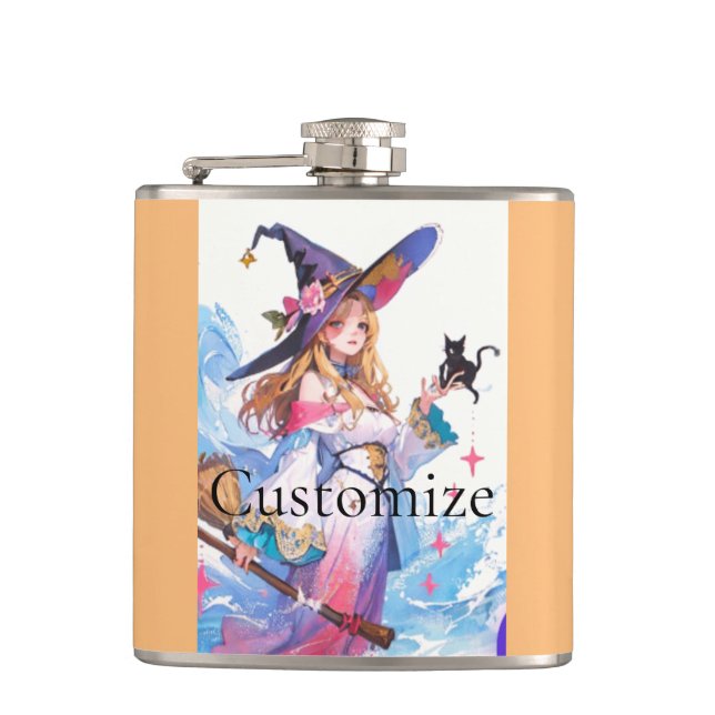 Cute Witch Holding Black Cat Thunder_Cove  Flask (Front)