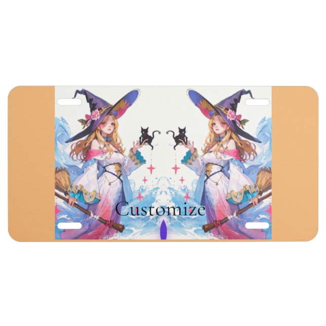Cute Witch Holding Black Cat Thunder_Cove  License Plate (Front)