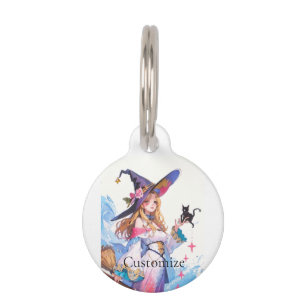 Cute Witch Holding Black Cat Thunder_Cove  Pet ID Tag
