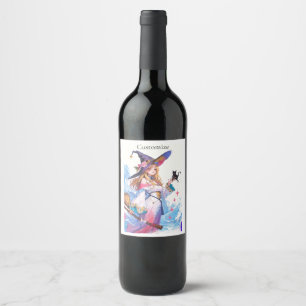 Cute Witch Holding Black Cat Thunder_Cove Wine Label