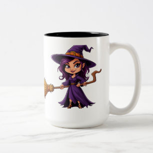 Cute Witch Holding Broom For Halloween Fun 🧹 Two-Tone Coffee Mug