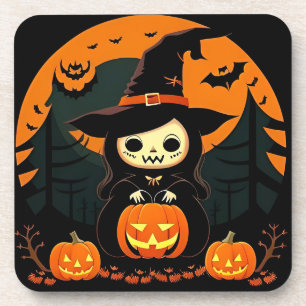 Cute Witch Holding Pumpkin in Spooky Halloween Beverage Coaster