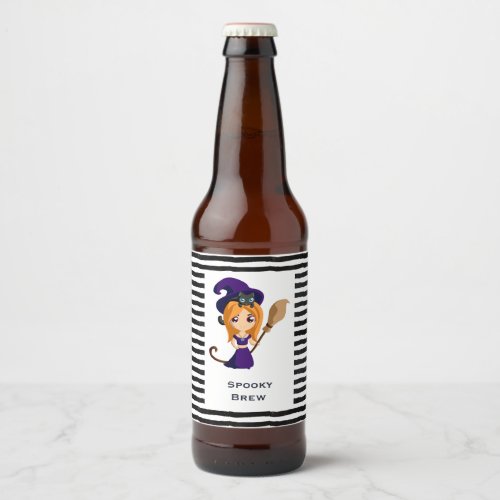 Cute Witch in Purple Hat Halloween Beer Bottle Label