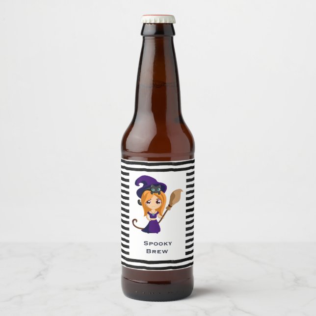 Cute Witch in Purple Hat Halloween Beer Bottle Label (Front)