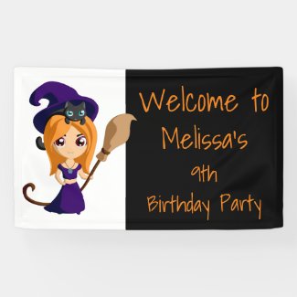 Cute Witch in Purple Hat Halloween Birthday Banner