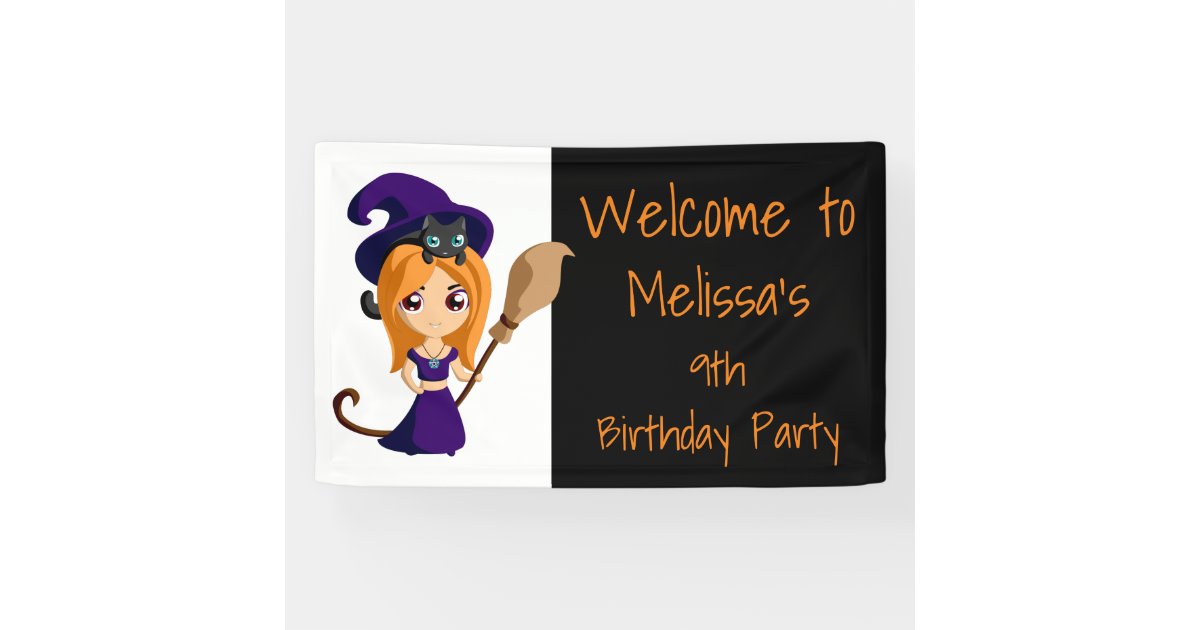 Cute Witch In Purple Hat Halloween Birthday Banner Zazzle Com