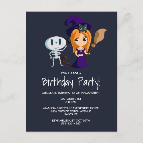 Cute Witch in Purple Hat Halloween Birthday Party Invitation Postcard