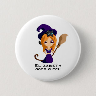 Cute Witch in Purple Hat Halloween Button