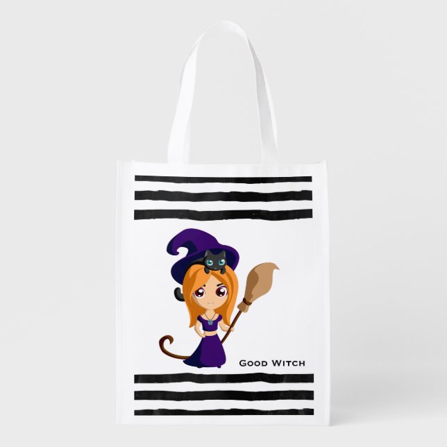 Cute Witch in Purple Hat Halloween Grocery Bag (Front)