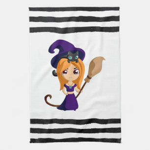 Cute Witch in Purple Hat Halloween Kitchen Towel