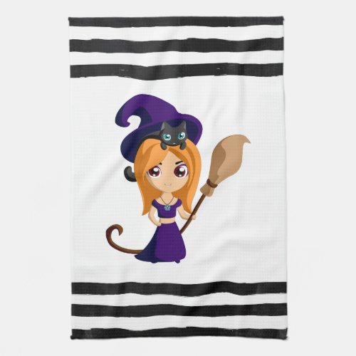 Cute Witch in Purple Hat Halloween Kitchen Towel