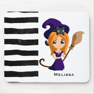 Cute Witch in Purple Hat Halloween Mouse Pad