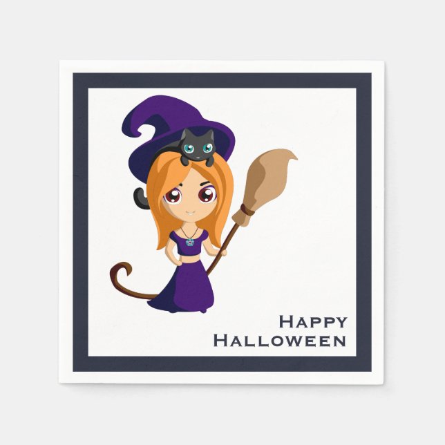 Cute Witch in Purple Hat Halloween Napkins (Front)