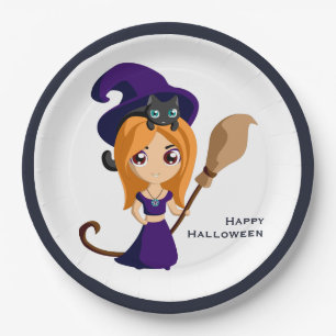 Cute Witch in Purple Hat Halloween Paper Plates