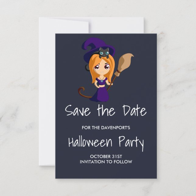 Cute Witch in Purple Hat Halloween Save the Date (Front)