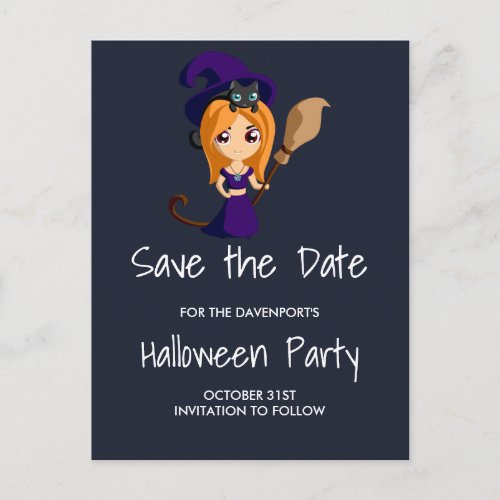 Cute Witch in Purple Hat Halloween Save the Date Announcement Postcard