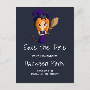 Cute Witch in Purple Hat Halloween Save the Date Announcement Postcard