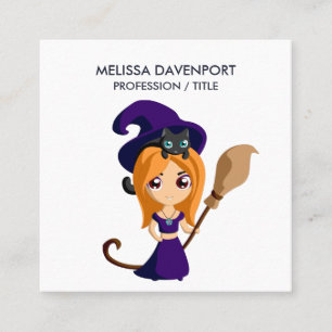 Cute Witch in Purple Hat Halloween Square Business Card