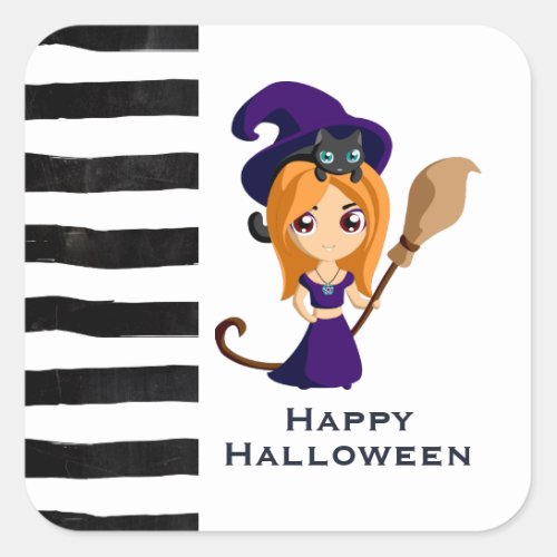 Cute Witch in Purple Hat Halloween Square Sticker