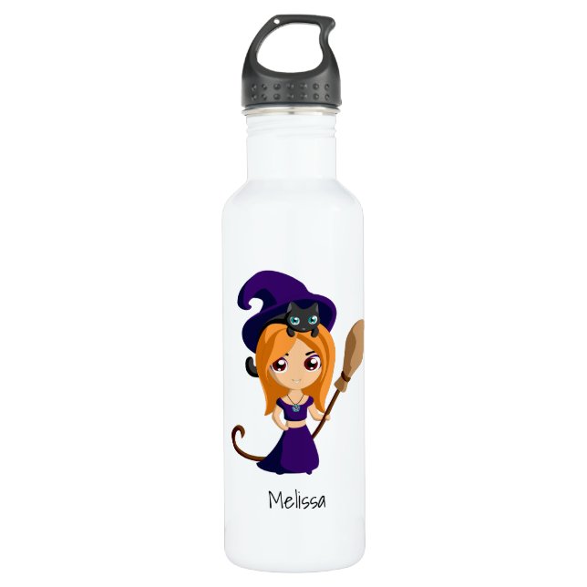 Cute Witch in Purple Hat Halloween Stainless Steel Water Bottle (Front)
