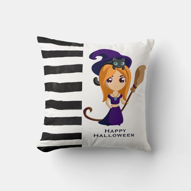 Cute Witch in Purple Hat Halloween Throw Pillow (Front)
