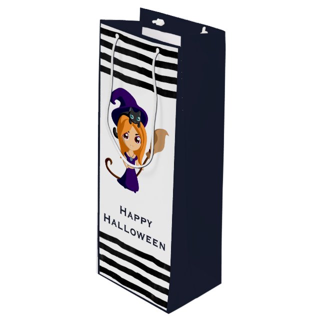 Cute Witch in Purple Hat Halloween Wine Gift Bag (Front Angled)