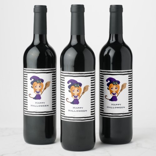 Cute Witch in Purple Hat Halloween Wine Label