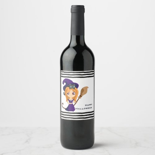 Cute Witch in Purple Hat Halloween Wine Label