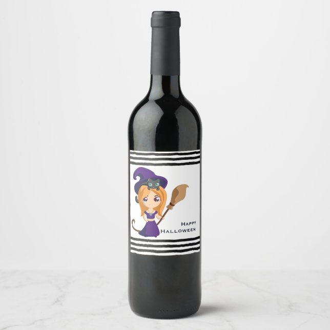 Cute Witch in Purple Hat Halloween Wine Label (Front)
